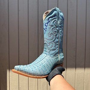 #11 Light Blue Crocodile Tail Design Western Boot